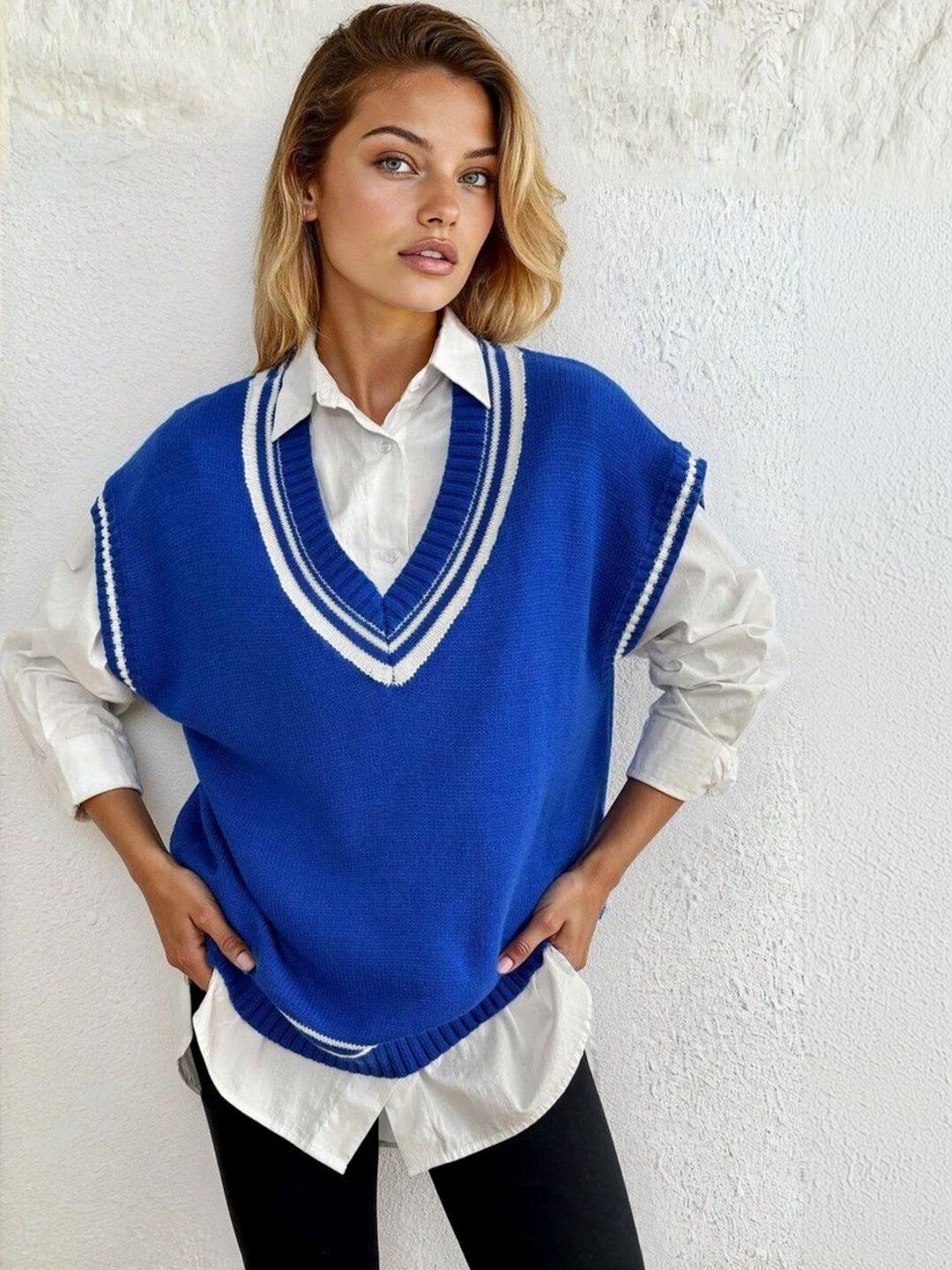 Colourblocked Sweater Vest in Blue acrylic - Nowi Korean Fashion