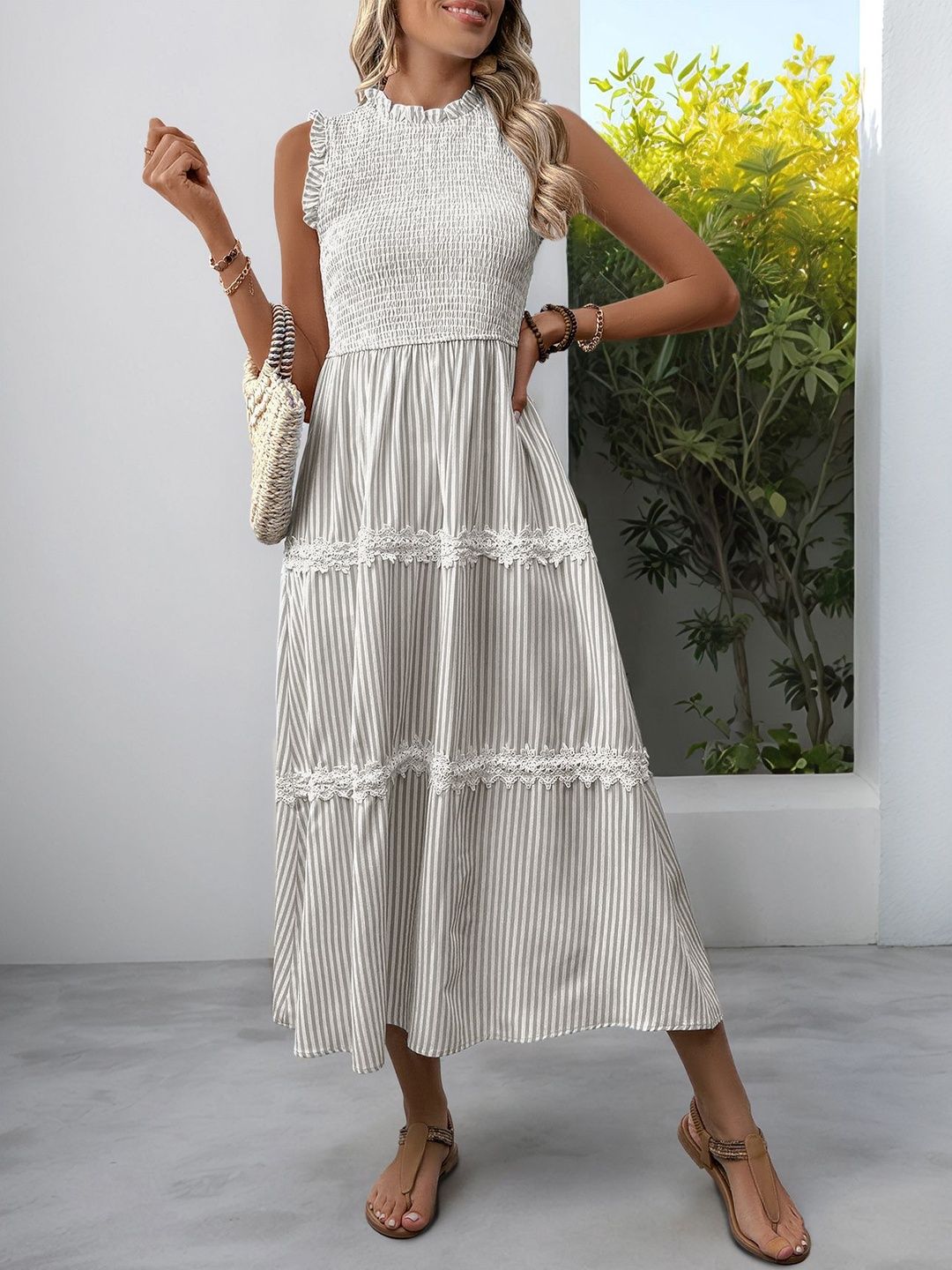 Striped Puff Sleeve A-Line Midi Dress