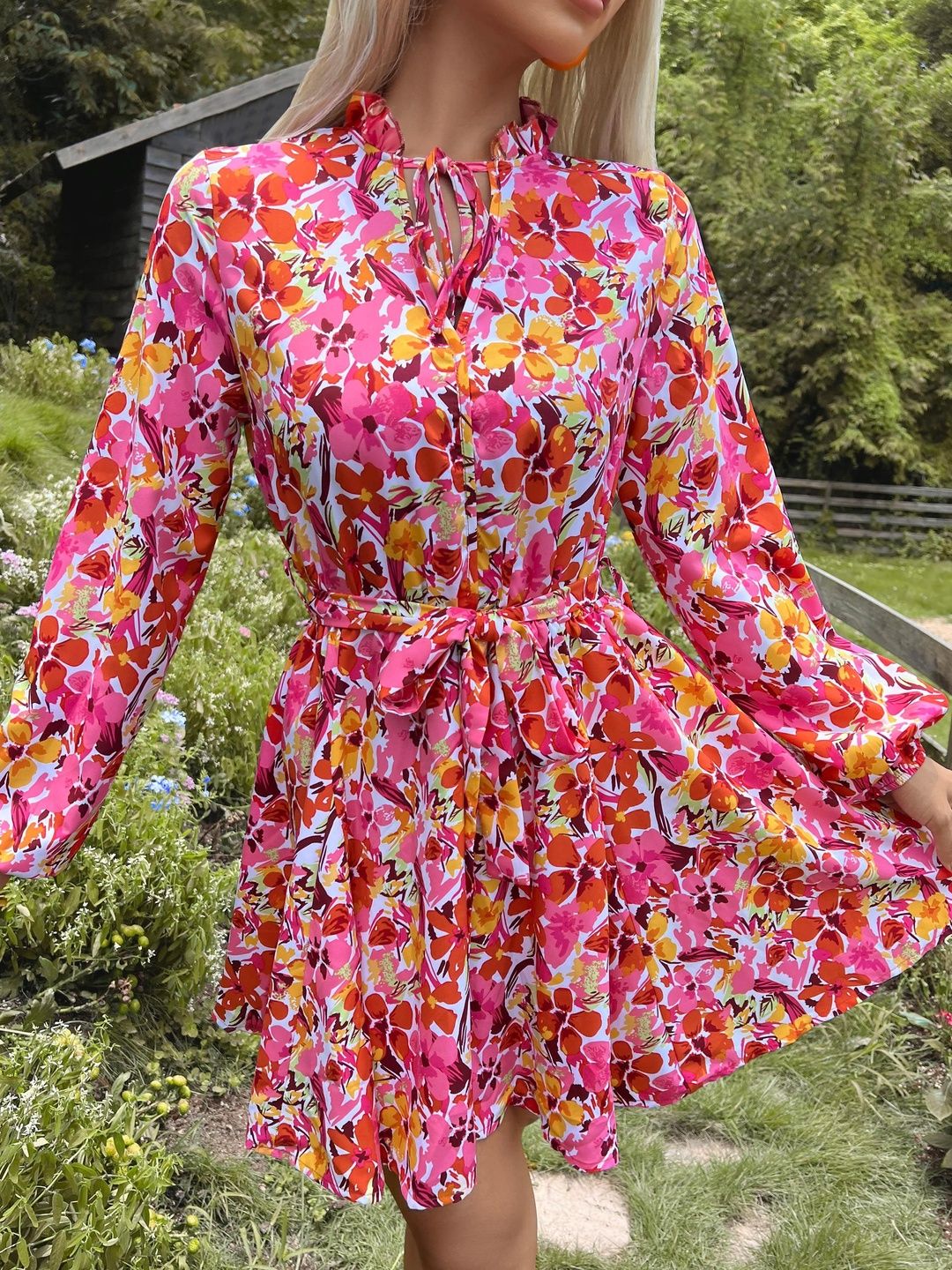 Floral Print Tie-Up Neck Fit & Flare Dress