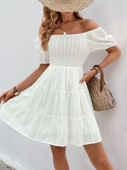 Embellished Embroidered Off-Shoulder Puff Sleeve A-Line Dress