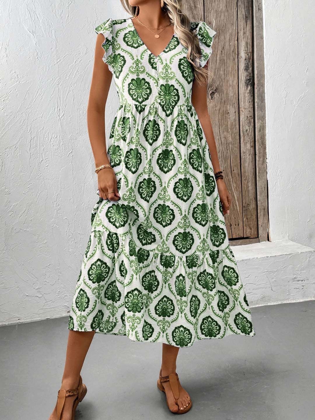 Bohemian Ethnic Motif Flutter Sleeve Midi Dress