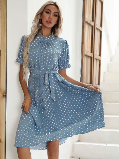 Polka Dot Print Puff Sleeve Fit & Flare Midi Dress