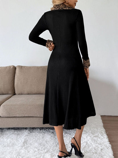 Women's Black Animal Fit & Flare Midi Dress