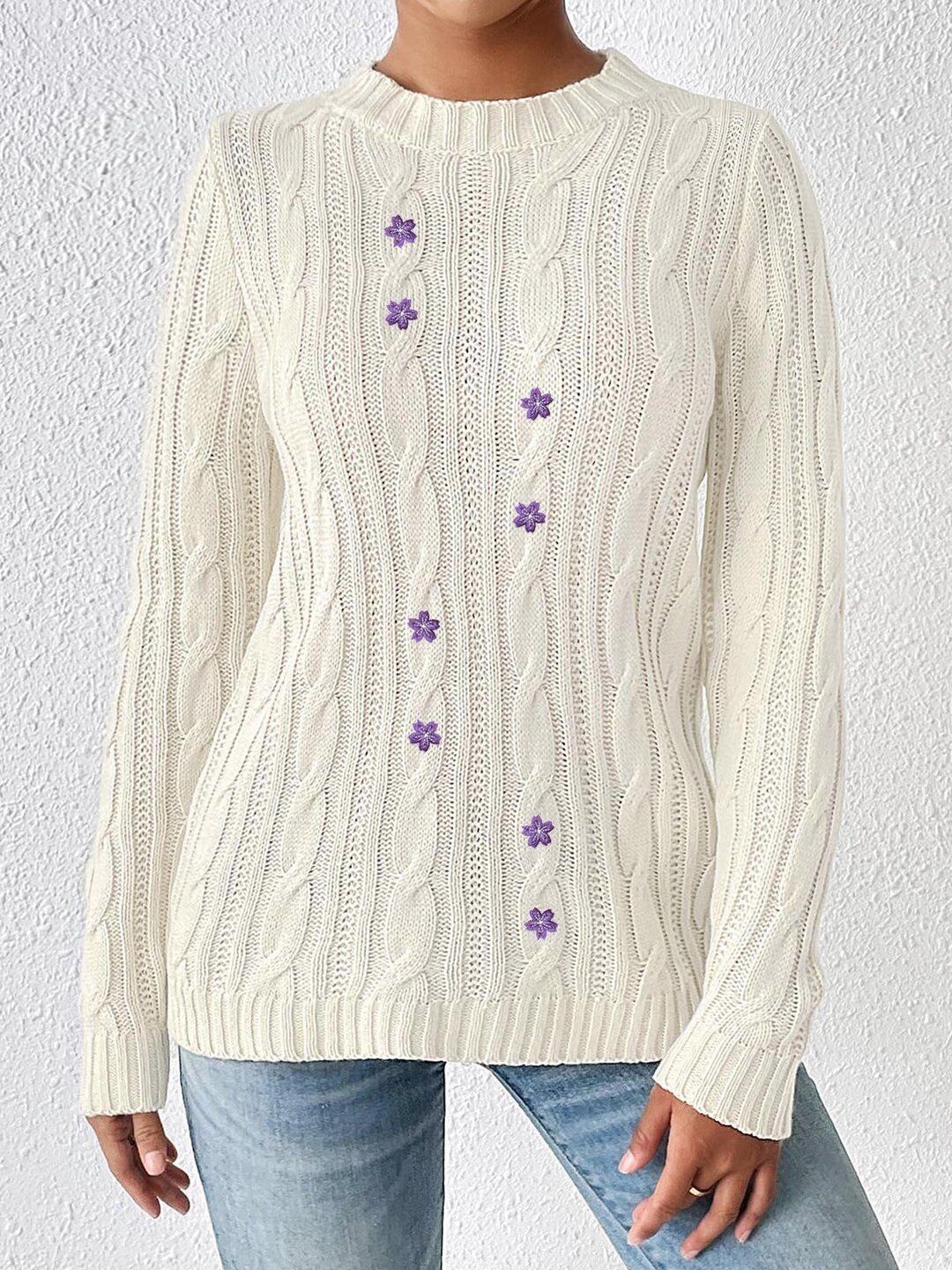 Women Cable Knit Colourblocked Pullover with Embroidered Detail