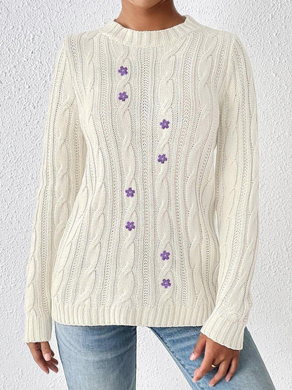 Women Cable Knit Colourblocked Pullover with Embroidered Detail