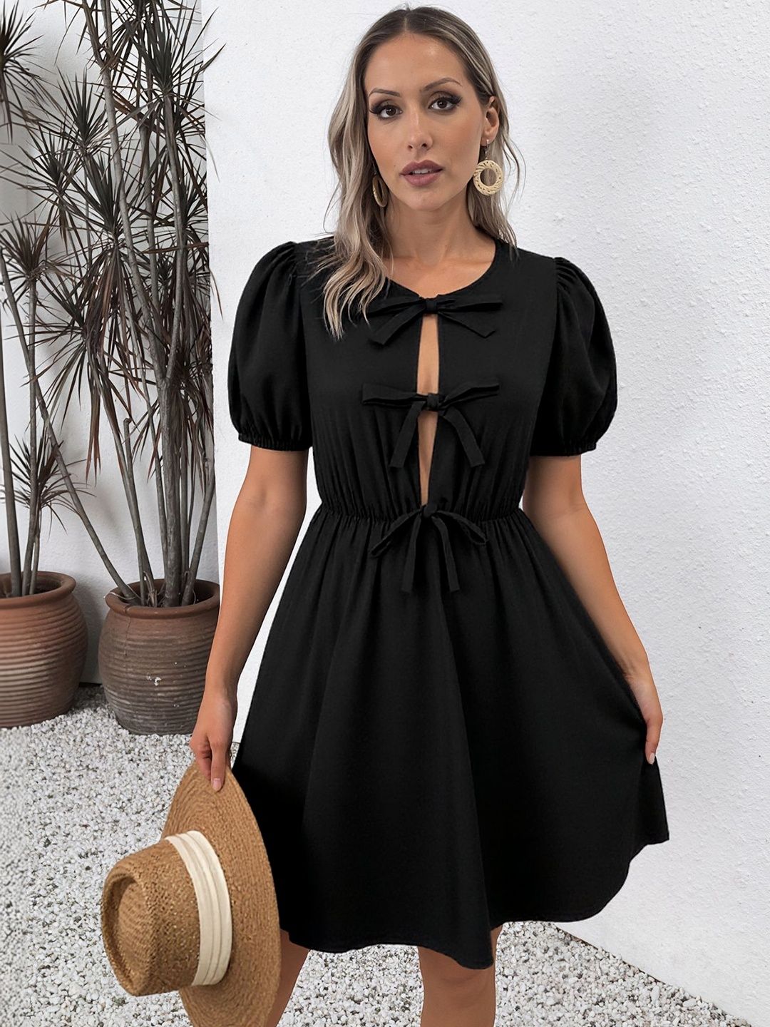 Puff Sleeve Fit & Flare Dress in Black cotton - Nowi Korean Fashion