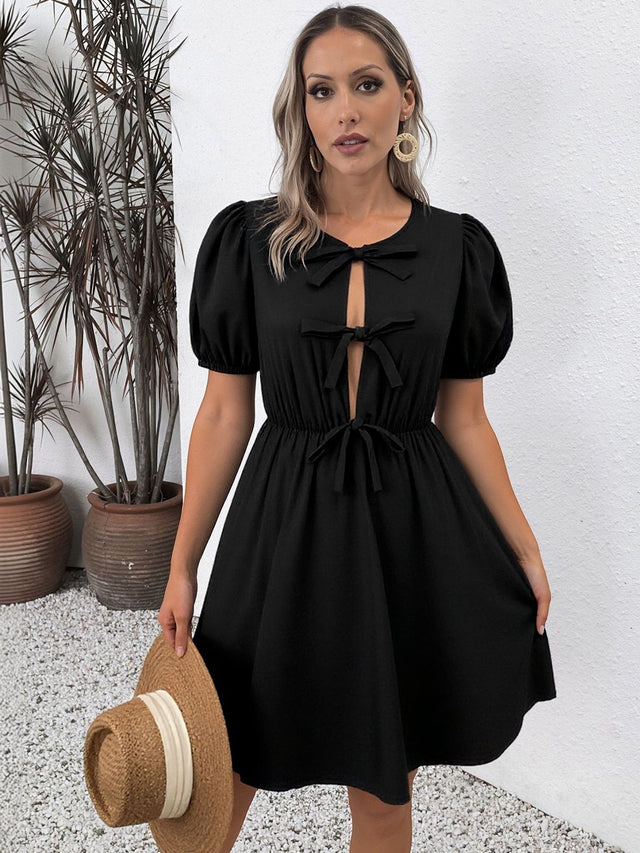 Puff Sleeve Fit & Flare Dress in Black cotton - Nowi Korean Fashion