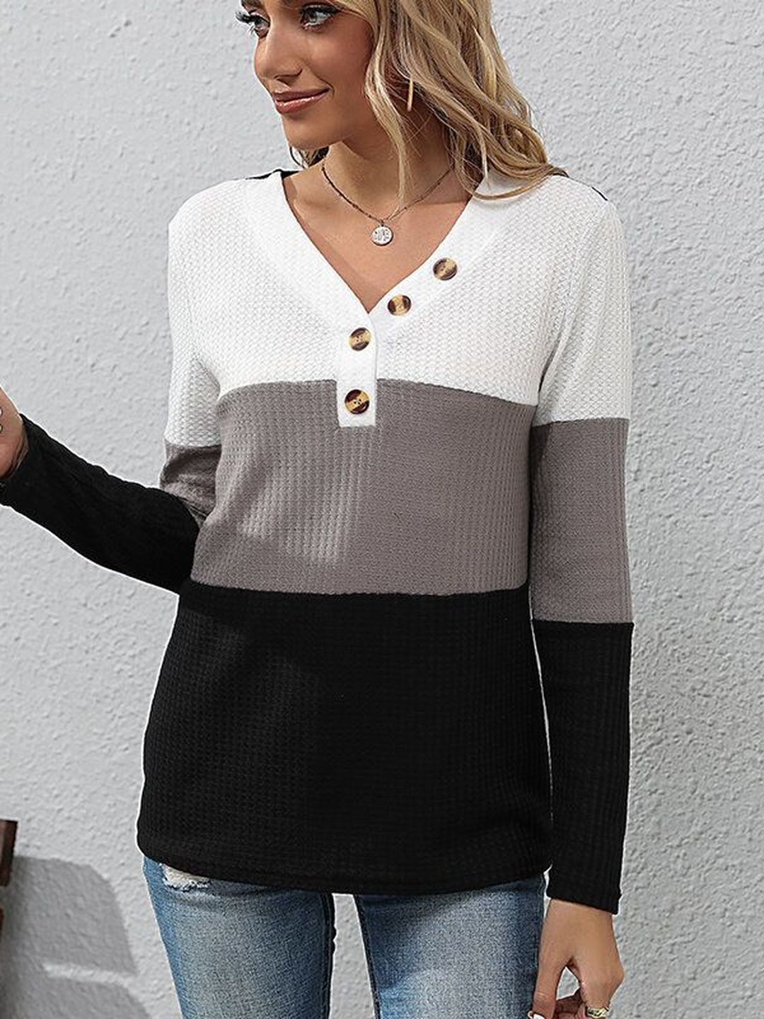 Women Colourblocked V-Neck T-shirt