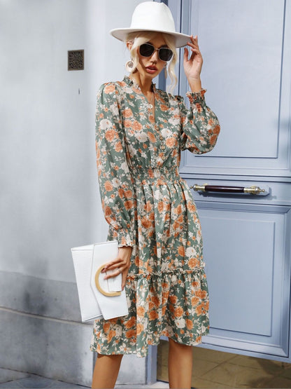 Women's Green Floral Print Fit & Flare Midi Dress Blend