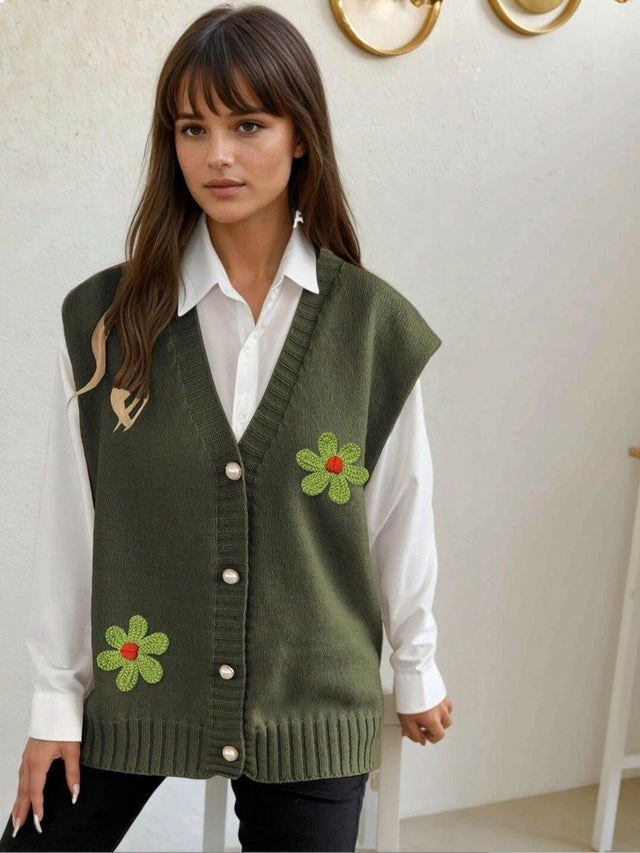 Embroidered Sweater Vest with Embroidered Detail in Green acrylic - Nowi Korean Fashion