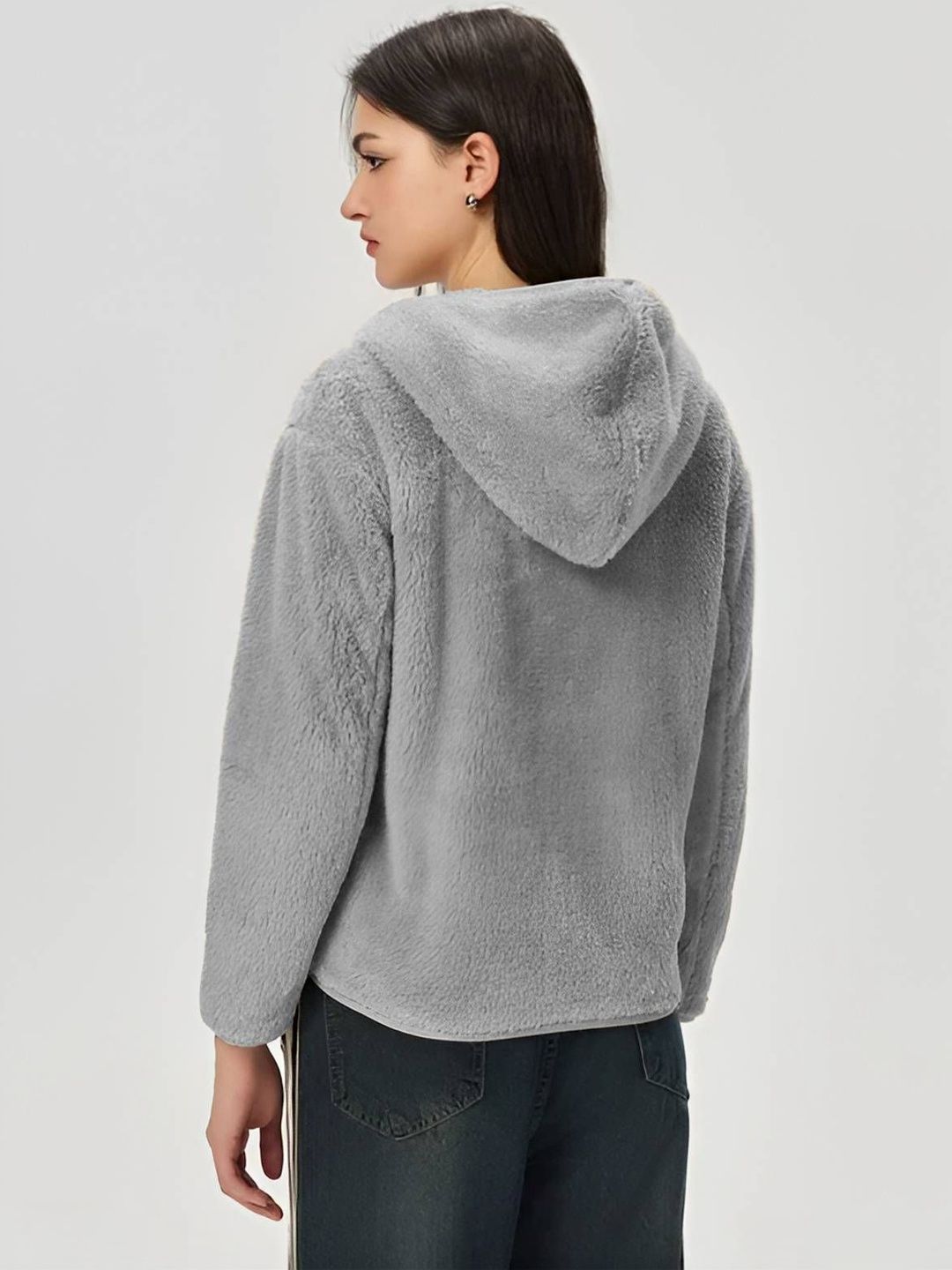 Women's Grey Lightweight Open Front Zip Up Hooded Jacket
