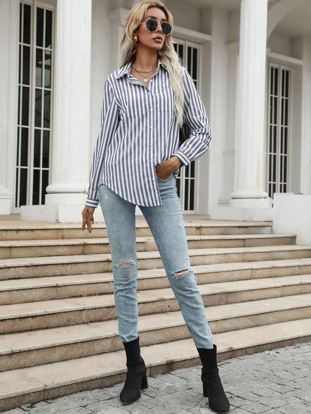 Striped Casual Shirt in Blue Cotton Long Sleeve - Nowi Korean Fashion