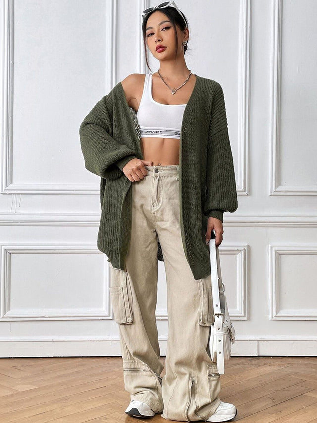 Ribbed Cardigan in Green acrylic - Nowi Korean Fashion