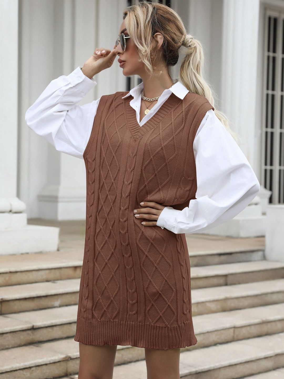 Women's Brown Cable Knit Sweater Vest
