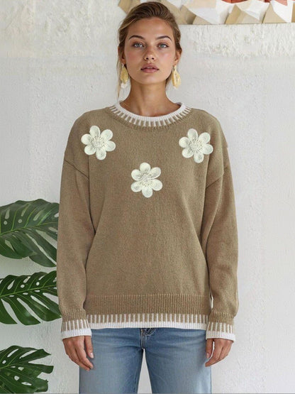 Pullover with Applique Detail in Brown acrylic Style 304 - Nowi Korean Fashion