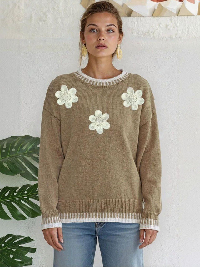 Pullover with Applique Detail in Brown acrylic Style 304 - Nowi Korean Fashion