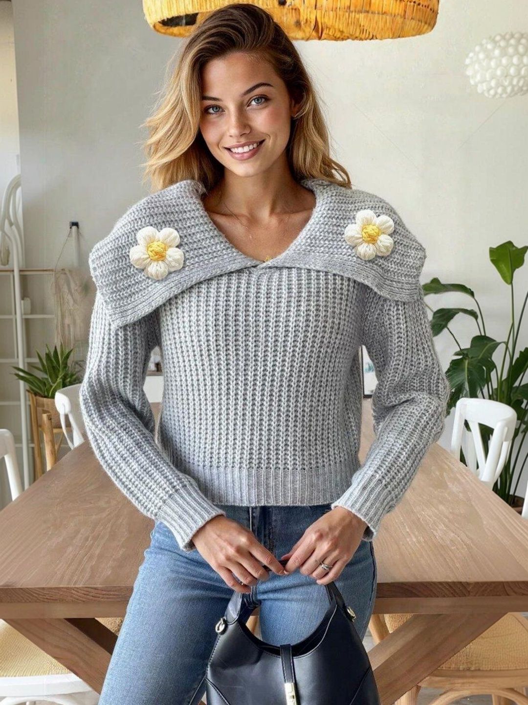 Ribbed Pullover with Applique Detail in Grey acrylic - Nowi Korean Fashion