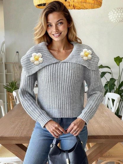 Ribbed Pullover with Applique Detail in Grey acrylic - Nowi Korean Fashion