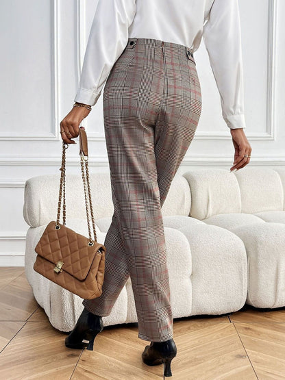 Women Checked High-Rise Pleated Trousers