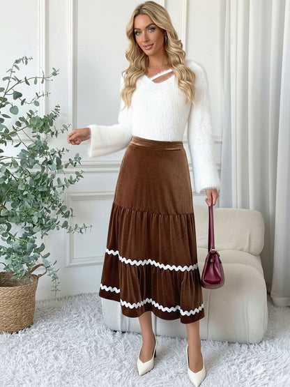 Solid Brown Midi Skirt - Nowi Korean Fashion