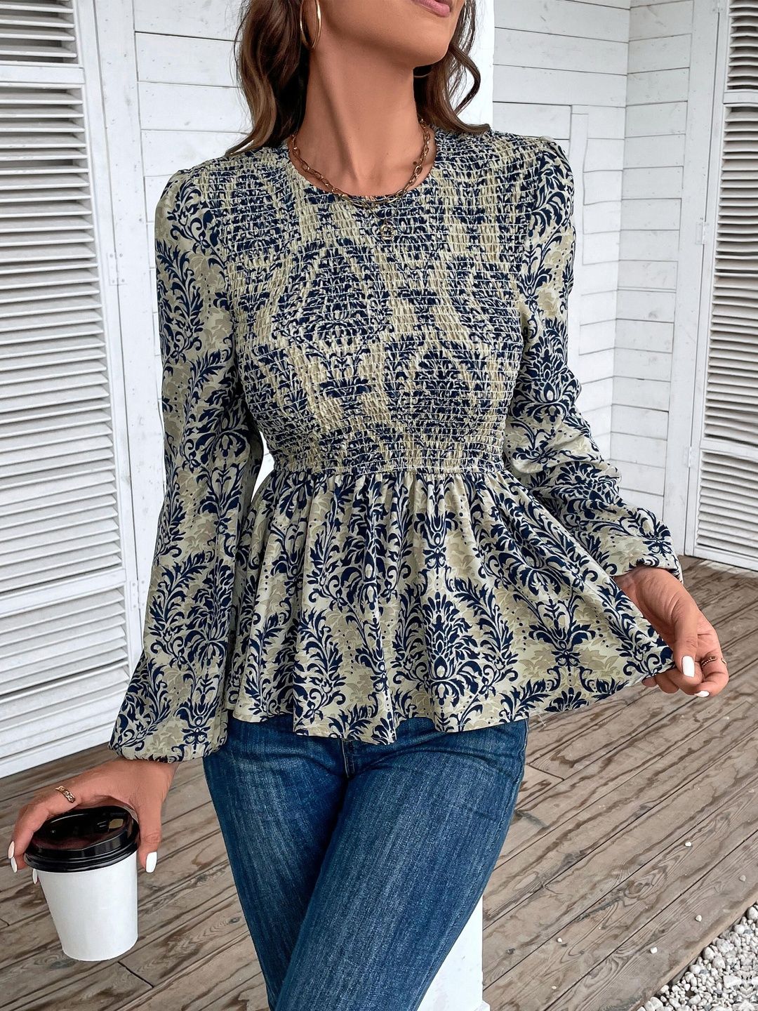 Floral Print Cotton Peplum Top in Blue - Nowi Korean Fashion