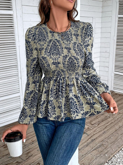 Floral Print Cotton Peplum Top in Blue - Nowi Korean Fashion