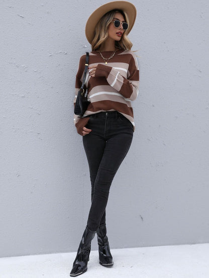 Women's Brown Striped Pullover Blend Regular Fit
