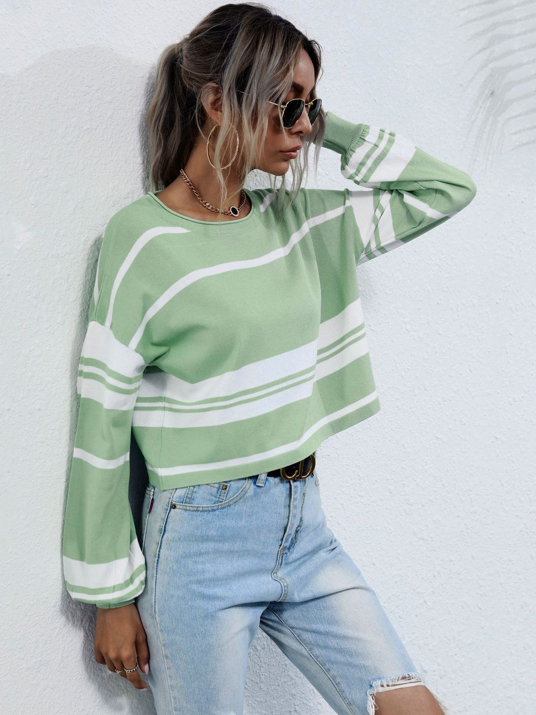 Women's Green Striped Crop Pullover