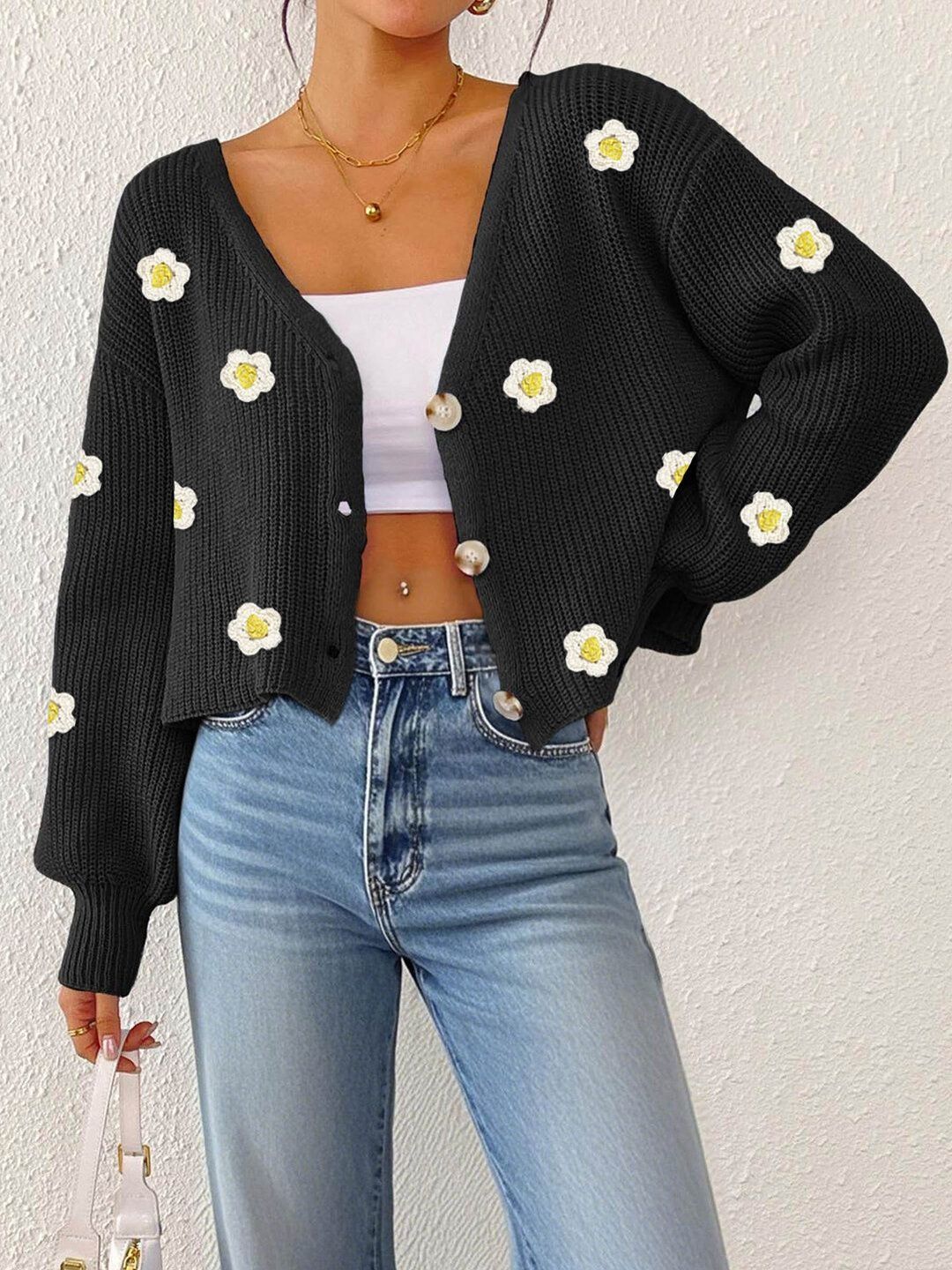 Women Floral Crop Cardigan with Embroidered Detail
