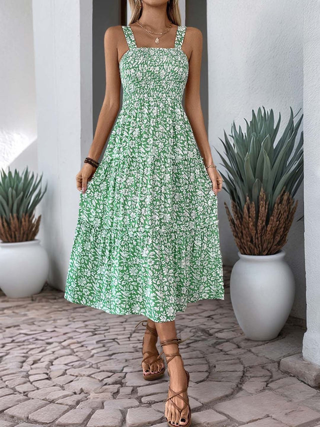 Floral Print A-Line Midi Dress in Green - Nowi Korean Fashion