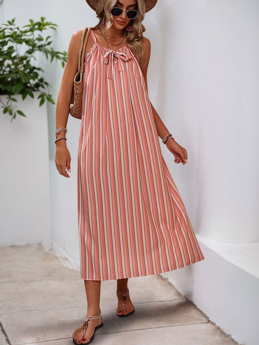 Striped Tie-Up Neck Midi Dress in Pink cotton - Nowi Korean Fashion