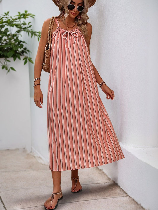 Striped Tie-Up Neck Midi Dress in Pink cotton - Nowi Korean Fashion