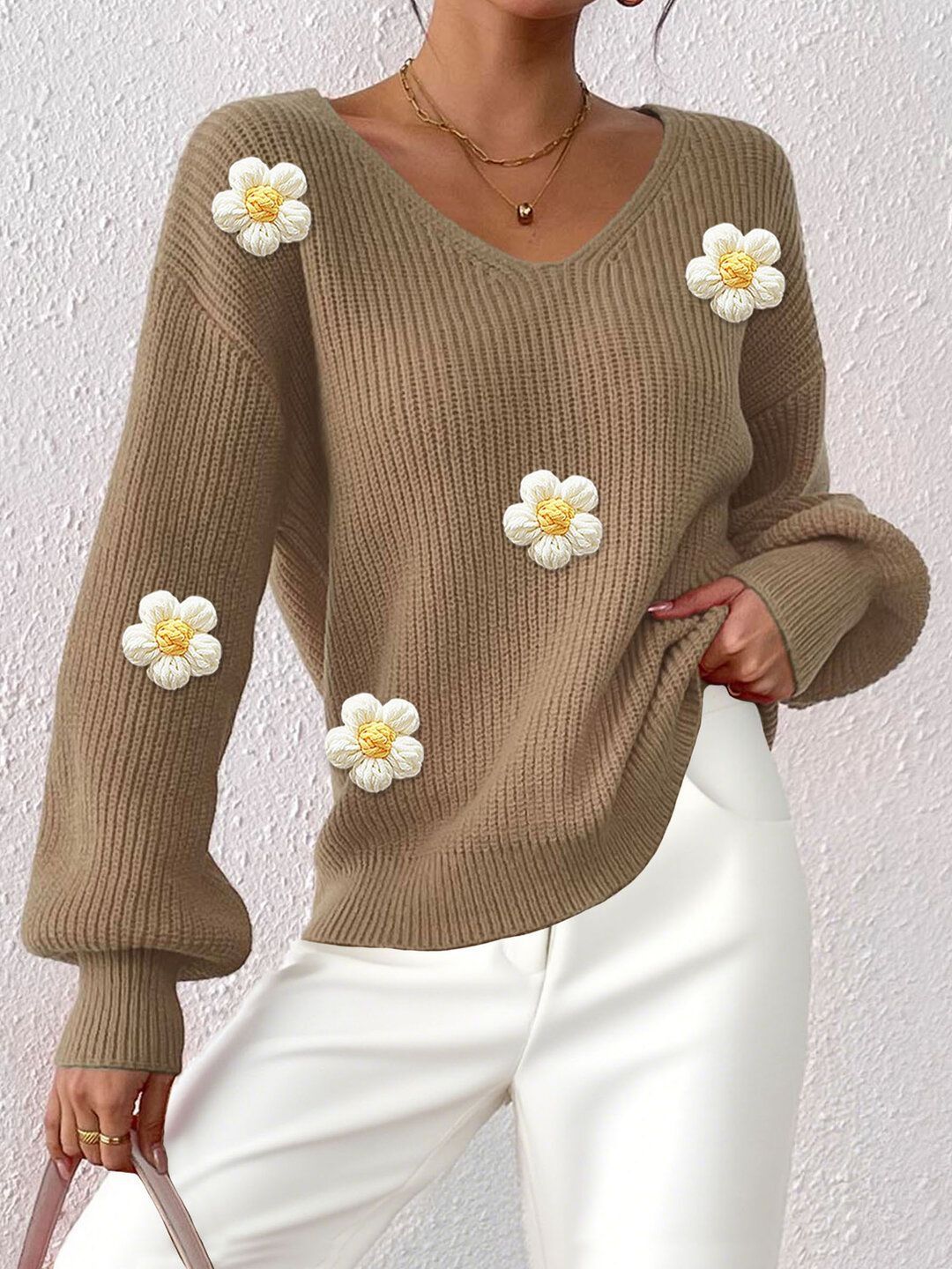 Floral Ribbed Pullover with Applique Detail in Brown acrylic - Nowi Korean Fashion