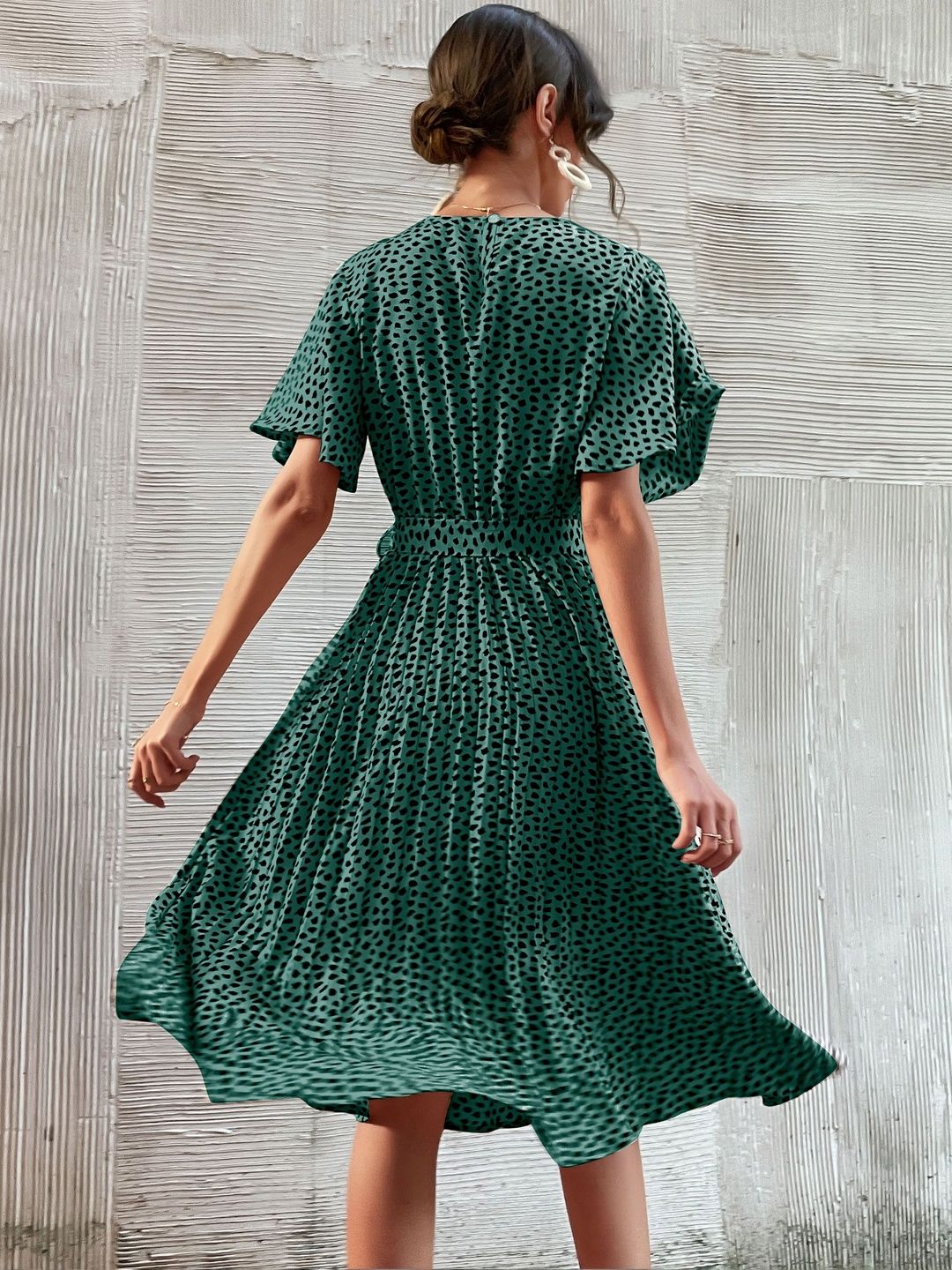 Polka Dot Print Flared Sleeve Fit & Flare Midi Dress