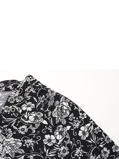 Women's Black Floral Print Bishop Sleeve Midi Dress