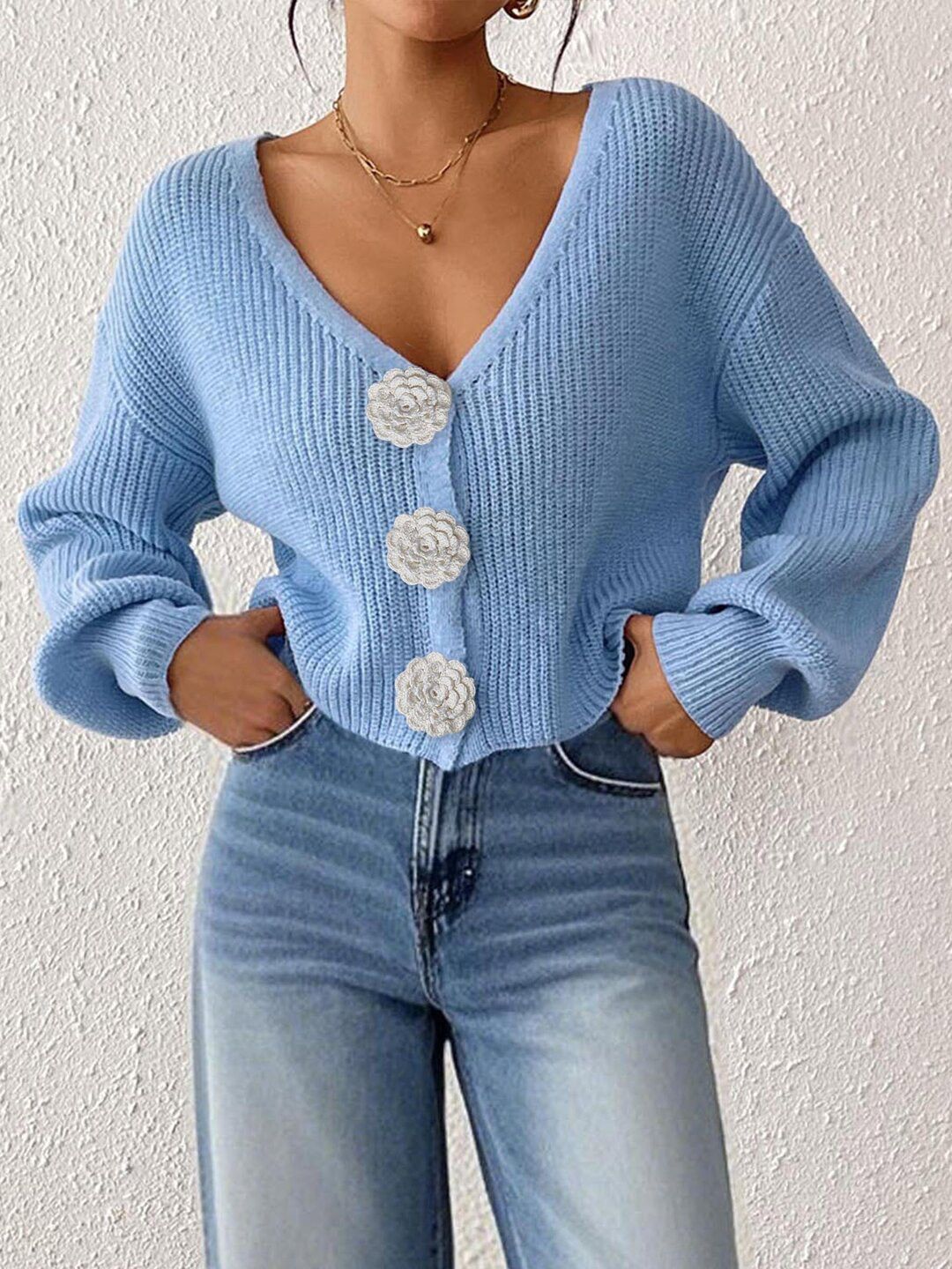 Women Ribbed Crop Cardigan with Embellished Detail