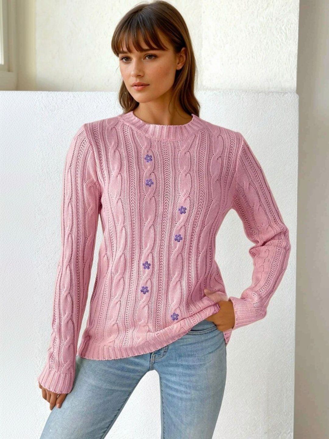 Cable Knit Pullover in Pink acrylic - Nowi Korean Fashion