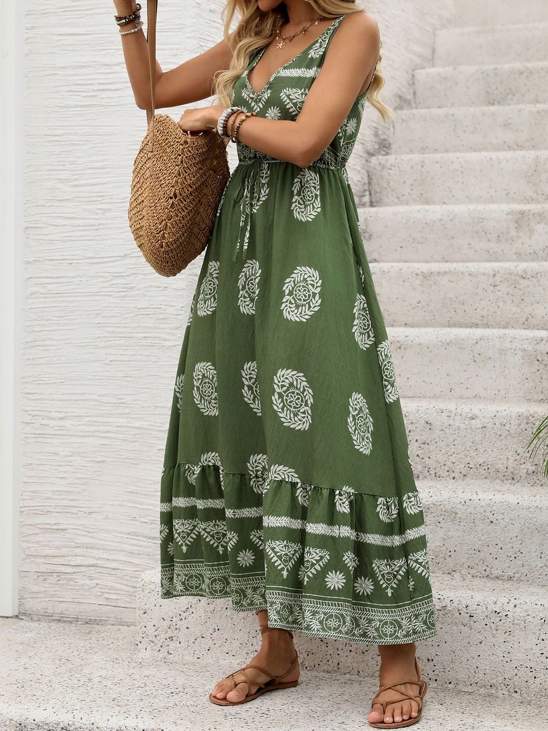 Green Bohemian Ethnic Maxi Dress