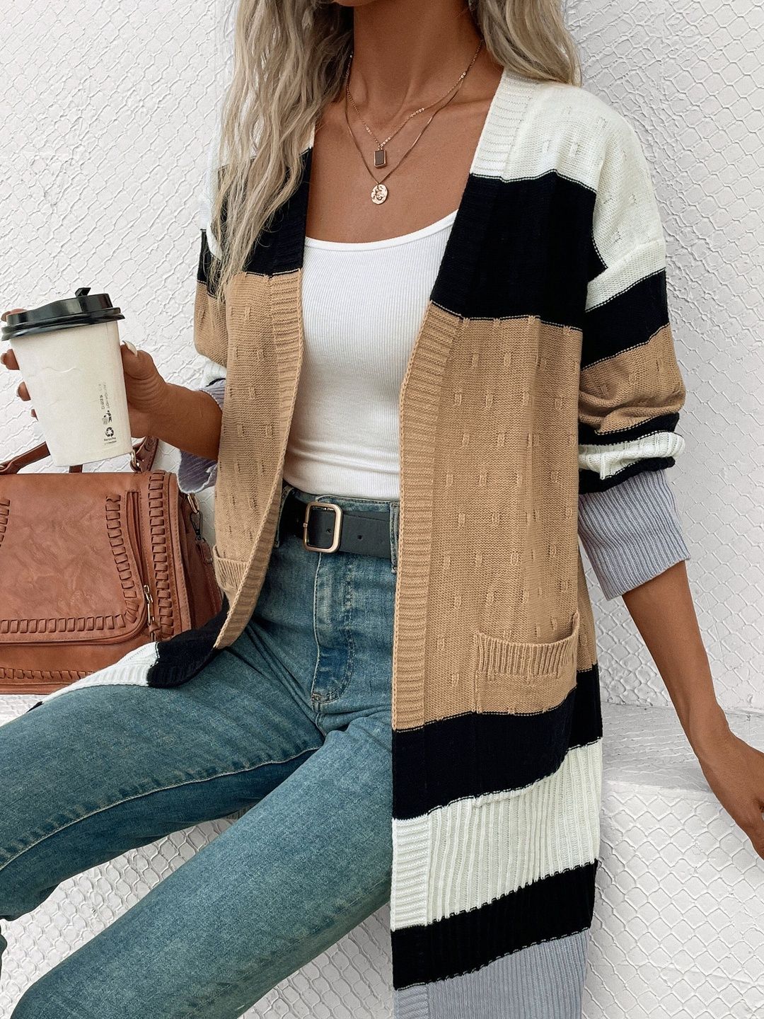 Colourblocked Cardigan in Brown Style 721 - Nowi Korean Fashion