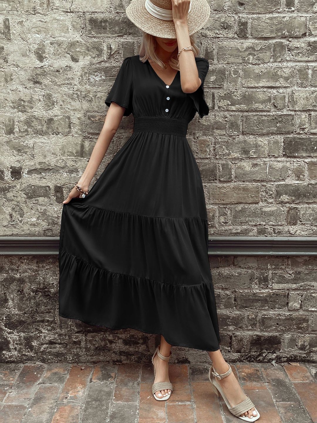 Fit & Flare Maxi Dress in Black cotton Style 758 - Nowi Korean Fashion
