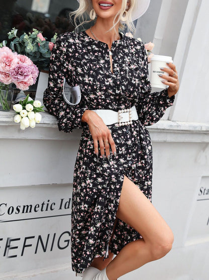 Women's Black Floral Print Shirt Midi Dress