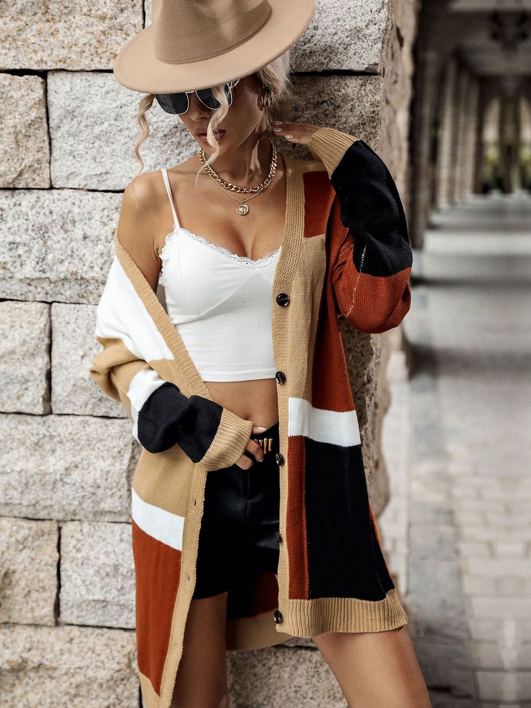 Women's Brown Colourblocked Cardigan Blend Printed