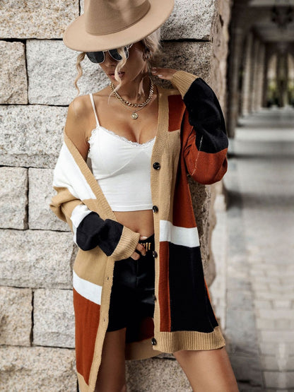 Women's Brown Colourblocked Cardigan Blend Printed