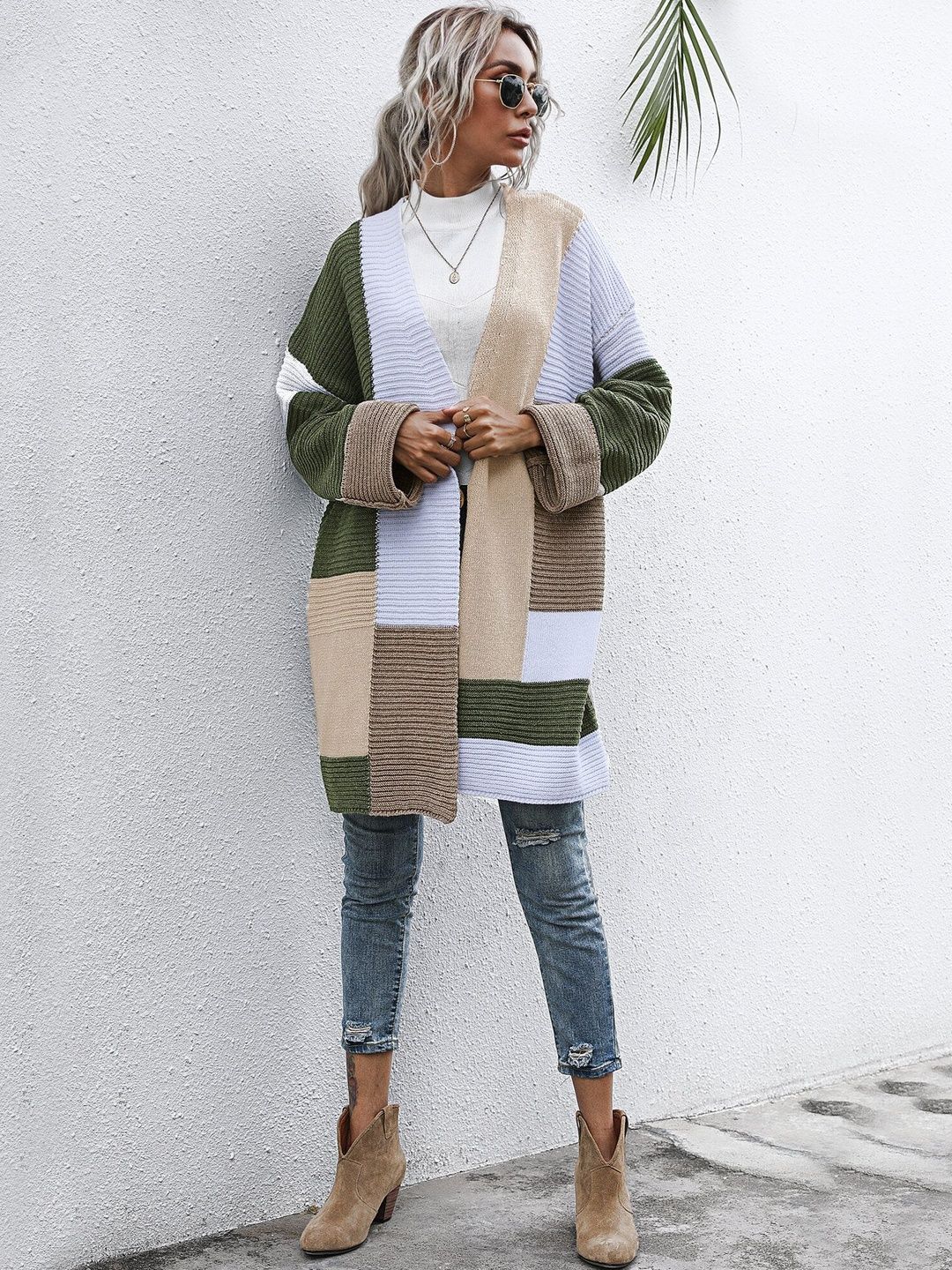 Women's Green Colourblocked Cardigan