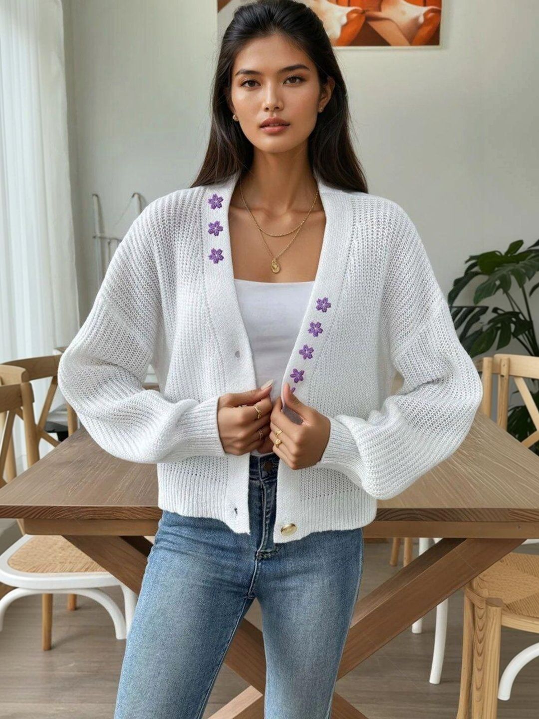 Floral Cardigan with Embroidered Detail in White cotton - Nowi Korean Fashion