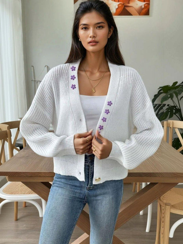 Floral Cardigan with Embroidered Detail in White cotton - Nowi Korean Fashion