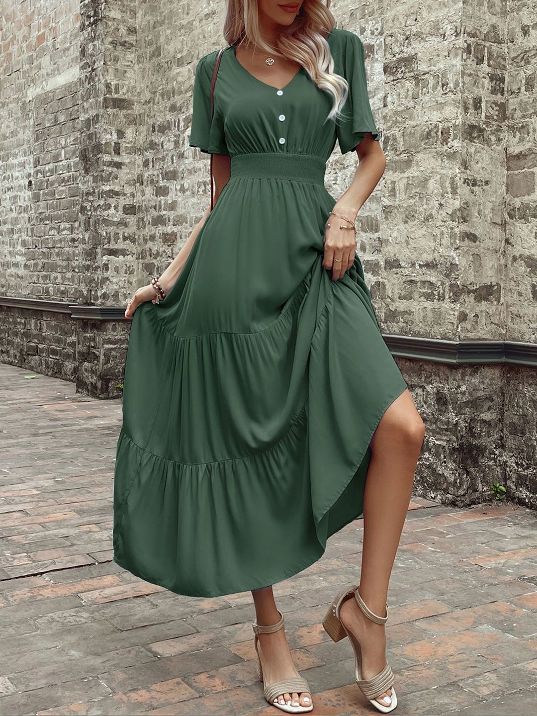 Flared Sleeve Fit & Flare Midi Dress