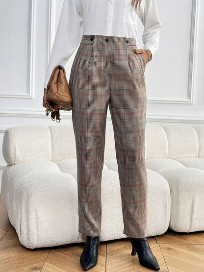 Checked High-Rise Pleated Trousers in Brown - Nowi Korean Fashion