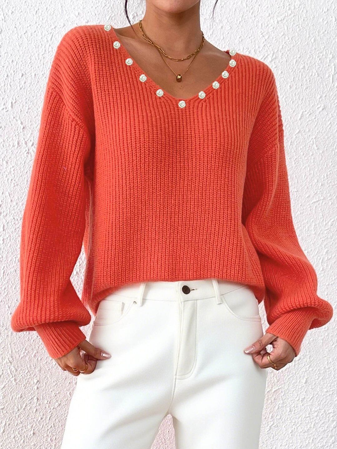 Women Ribbed Pullover with Embellished Detail