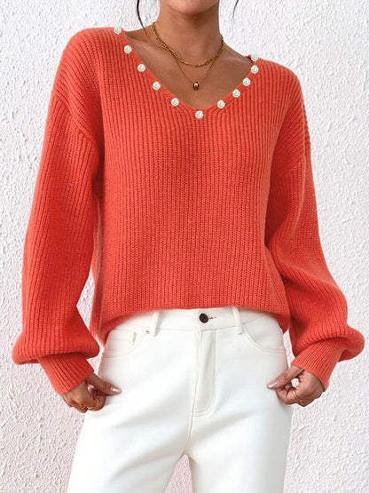 Women Ribbed Pullover with Embellished Detail